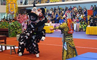 “金门天震堂舞狮团”于南狮传统赛中的演出，采青主题为“张飞大闹长板桥”。（简源良／大纪元）